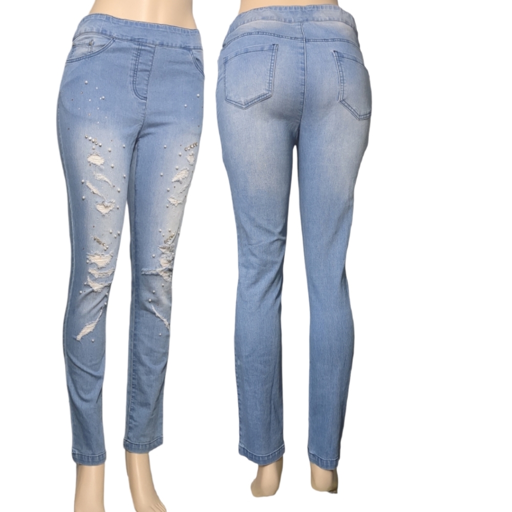 RENUAR Gorgeous Clear Blue Distressed Pull On Embellished Beaded Jeans Size 8